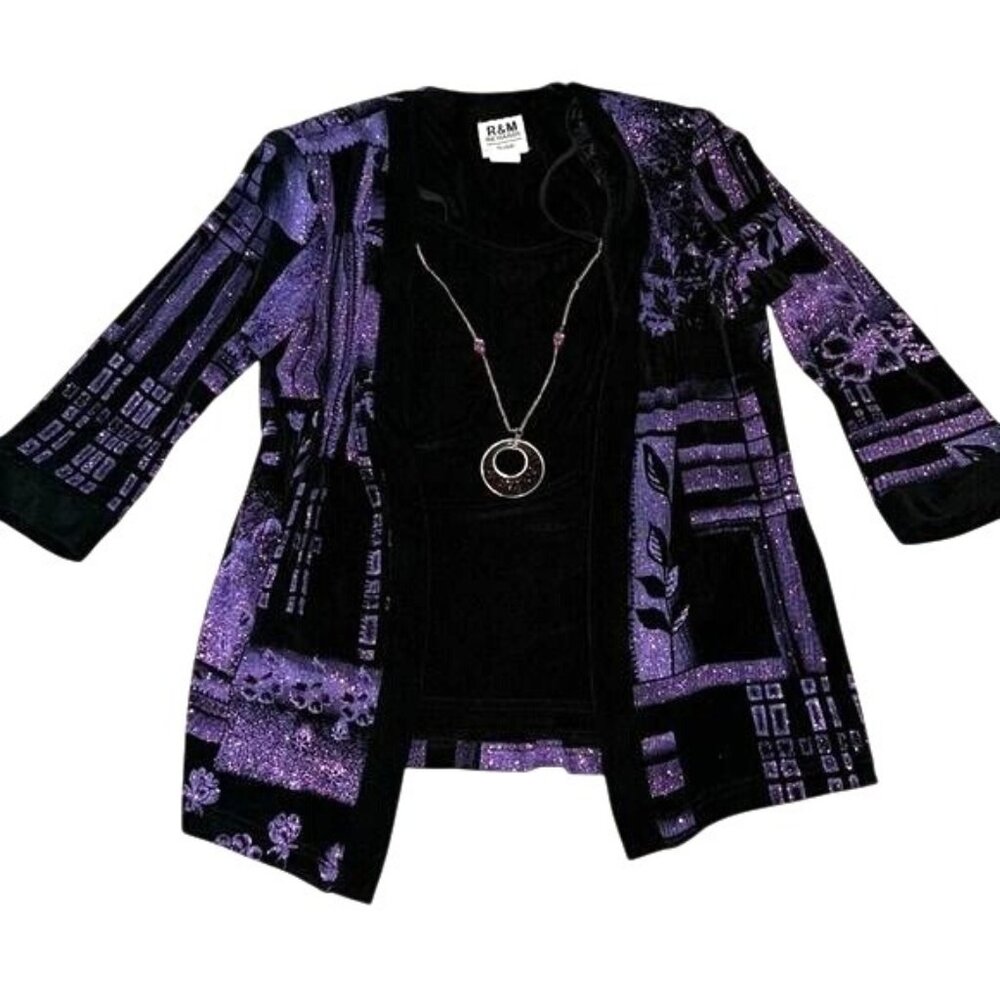 R&M Richards Petite 2-Piece Outfit Black Velvet Tank & Purple Glitter Jacket Siz